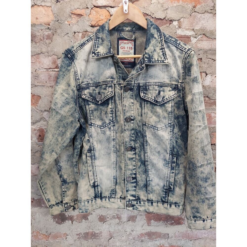 GS-115 Mens Denim Trucker Jacket Size M Blue Acid Wash Stone Wash Button Front